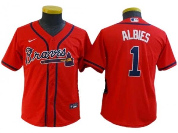 Youth Atlanta Braves #1 Ozzie Albies Cool Base Jersey - White/Navy/Red