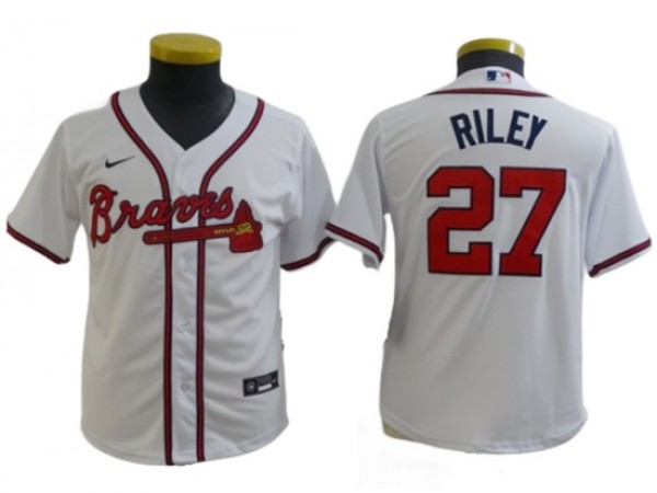 Youth Atlanta Braves #27 Austin Riley White Cool Base Jersey