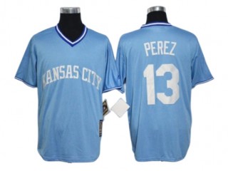 Kansas City Royals #13 Salvador Perez Ligh Blue Cooperstown Jersey