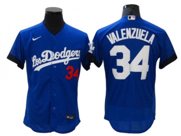 Los Angeles Dodgers #34 Fernando Valenzuela City Connect Flex Base Jersey - Royal/White