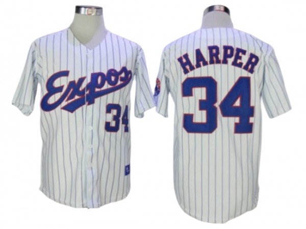 Montreal Expos #34 Bryce Harper White Pinstripe Throwback Jersey