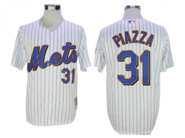 New York Mets #31 Mike Piazza White Pinstripe Throwback Jersey