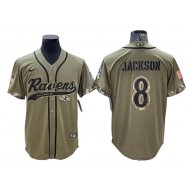 Baltimore Ravens #8 Lamar Jackson Olive Salute To Service Baseball Jersey