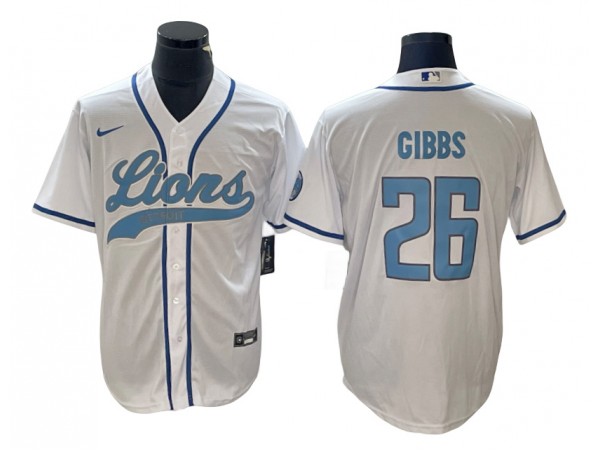 Detroit Lions #26 Jahmyr Gibbs Baseball Style Jersey - Light Blue/White