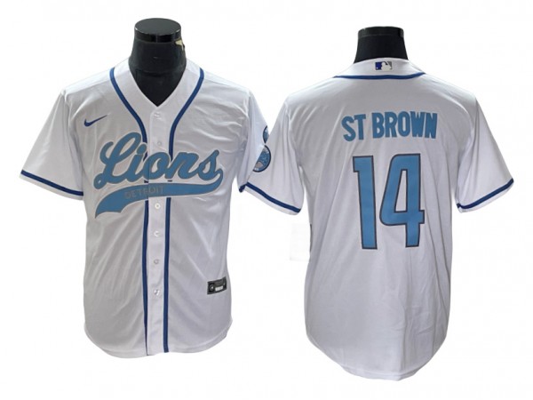 Detroit Lions #14 Amon-Ra St. Brown Baseball Style Jersey - Light Blue/White/Gray