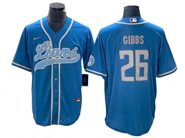 Detroit Lions #26 Jahmyr Gibbs Baseball Style Jersey - Light Blue/White