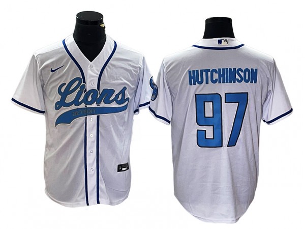 Detroit Lions #97 Aidan Hutchinson White Baseball Style Jersey