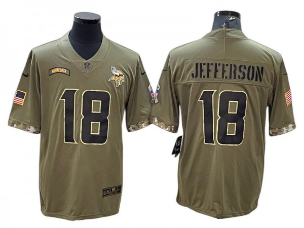 Minnesota Vikings #18 Justin Jefferson 2022 Olive Salute To Service Limited Jersey