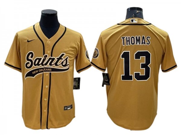 New Orleans Saints #13 Michael Thomas Baseball Jersey- White & Black & Gold