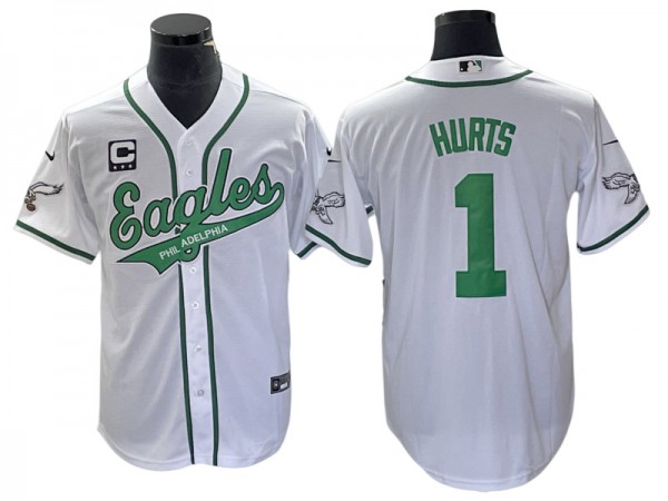 Philadelphia Eagles #1 Jalen Hurts Baseball Style Jersey - Black/White/Kelly Green