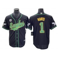 Philadelphia Eagles #1 Jalen Hurts Baseball Style Jersey - Black/White/Kelly Green