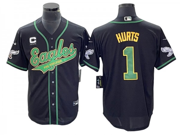 Philadelphia Eagles #1 Jalen Hurts Baseball Style Jersey - Black/White/Kelly Green