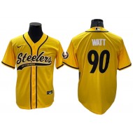 Pittsburgh Steelers #90 T.J. Watt Baseball Style Jersey - Black/White/Gold