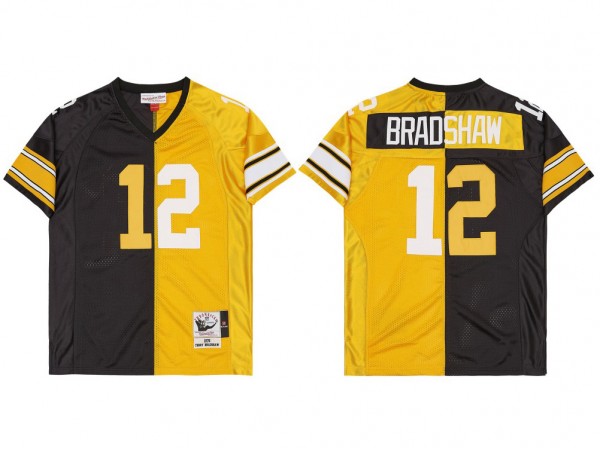 M&N Pittsburgh Steelers #12 Terry Bradshaw Black/Gold 1973 Split Legacy Jersey