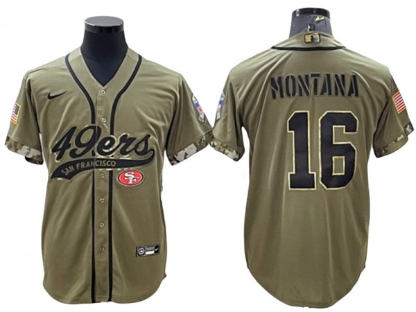 San Francisco 49ers #16 Joe Montana Baseball Style Jersey - Red/Gold/Blac/White/Olive 