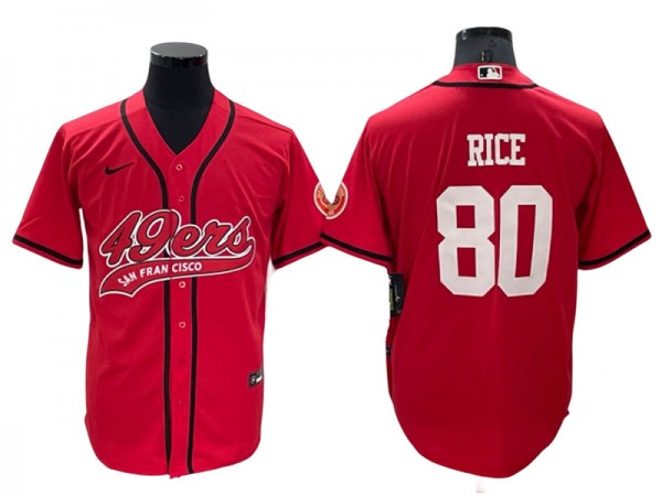 San Francisco 49ers #80 Jerry Rice Baseball Style Jersey - Red/Gold/Black/White/Olive