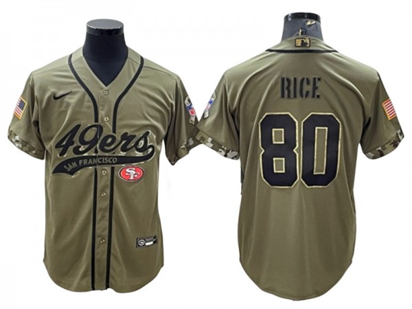 San Francisco 49ers #80 Jerry Rice Baseball Style Jersey - Red/Gold/Black/White/Olive