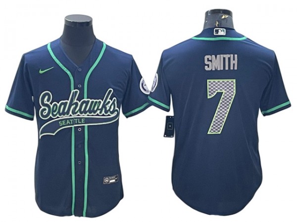 Seattle Seahawks #7 Geno Smith Baseball Style Jersey - Navy/Gray/Green